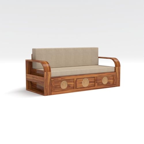 Image of Kunjal Furniture Solid Sheesham Wood Sofa Cum Bed with Storage for Living Room | Natural Finish | 3-Seater Convertible Sofa Bed | Handmade Wooden Furniture (Natural, Round Cane)