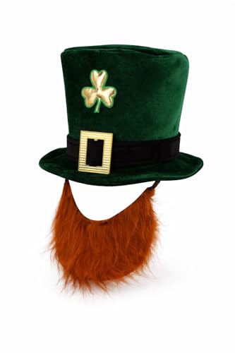 Storm&Lighthouse Green Deluxe Velvet Leprechaun Top Hat with Ginger Beard One Size St Patricks Day Accessories Leprechaun Hat Novelty Irish Fancy Dress Accessory