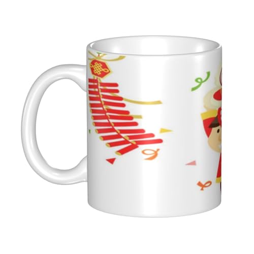 マグカップ - セラミックコーヒーカップ、ミルクカップ、(330ml) - 耐熱・耐寒性、大容量、軽量、環境に優しい - ギフトの選択(カラフルな中国の獅子舞、赤、アジアンゴールドボーイ)