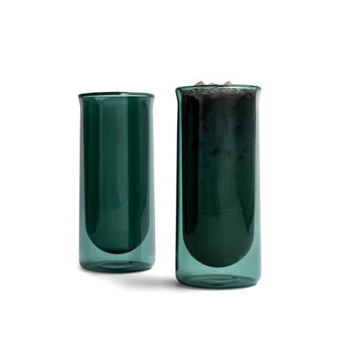 FLUR Iced Coffee Glasses (Set of 2) Perfect for Iced Coffee, Cold Brew & Lattes – Double-Walled Borosilicate Glass – For Hot & Cold Drinks – Lightweight & Easy to Clean – 15.5oz (Teal)