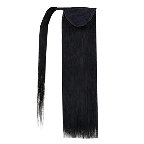 Ponytail Extensions Real Human Hair Clip in 24 Inches 100g Jet Black Silky Straight Warp Around Ponytail Hair Piece Remy Human Hair