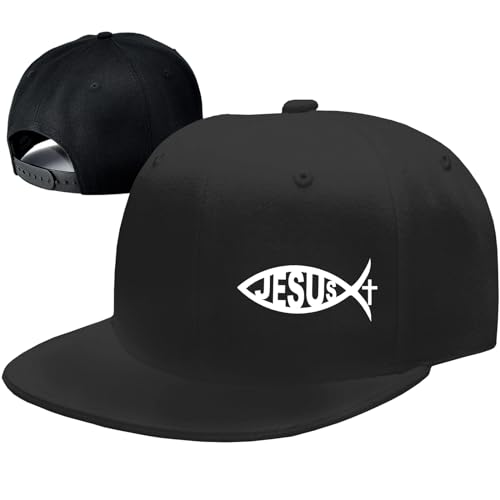Christian Hat Snapback Hats for Men Flat Bill Brim Hats Jesus Fish Cross Hat for Men Fitted Black Baseball Cap for Mens Cool Hip Hop Adjustable Workout Trucker caps Mens Women Christ Gift Accessories
