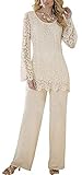 2 Pieces Mother of The Bridal Pant Suits Long Sleeve Chiffon Lace Women's Plus Size for Wedding Grooms Champagne