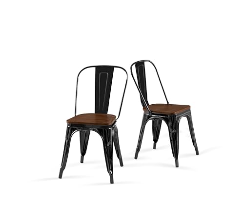 SOLEGGIATA Iron Metal Dining Chair with Wood Top/Seat Set of 2 18 Inch Seat Height Stackable Outdoor Restaurant Cafe Obsidian Black Color