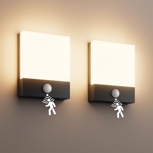 Aoceeley Modern Outdoor Led Wall Light with Motion Sensor,24W 3000K Porch & Patio Light,Exterior Hardwired Wall Light Fixtures,IP65 Waterproof Square Wall Lamp for Garage, Front Door(Black,2-Pack)