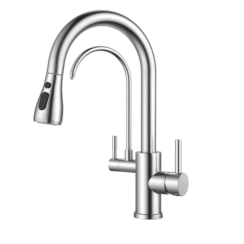 Image of FORIOUS 3-Way Kitchen Tap, 360 Swivelling Sink Mixer Tap with Drinking Water Tap and Shower, Extendible, Double Lever Faucet, Stainless Steel