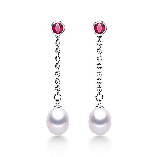LSLYTQ 100% Natural Freshwater Pearl Long Earrings For Women Fashion 925 Earrings Red Zircon Jewelry