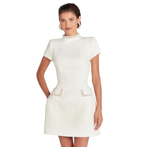 ANKOMINA Damen Minikleid aus Tweed, A-Linie, glitzernd, kurze Ärmel, Perlen-Stehkragen, Kleid mit Taschen, für Party, Abend, Weiss/opulenter Garten,...