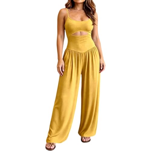 Mono elegante de piernas anchas y diseño de tiro alto en color sólido