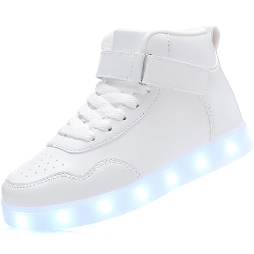 APTESOL Kids Light Up Shoes for Boys Girls, USB Rechargeable High Top Sneakers, Lightweight Breathable 11 Color Modes for Back to School Soft Microfiber White 3 Little Kid Age 8 by APTESOL - Used condition - US$17.34