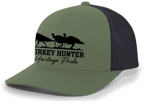 Heritage Pride Turkey Hunter Featuring Three Ocellated Turkeys Mens Embroidered Mesh Back Trucker Hat Loden/Black
