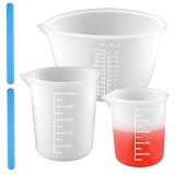 3 Stück Messbecher Silikon 100ml/ 250ml/600ml, Epoxidharz Mischbecher mit Skala Clear, Silikon Messbecher Set mit 2 Rührstab aus Silikon, Mischbecher für Epoxidharz Gießformen, Basteln, Labor, Küche