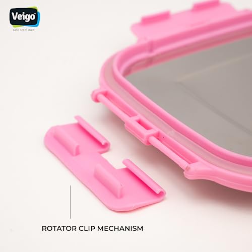 Image of Veigo Original Set Pack of 3 Stainless Steel Airtight & Leakproof Medium Lunch Box with Silicon Ring & Polymer Frame for Re-Heating|Safe Lid Lock|Square (330ML) Pink