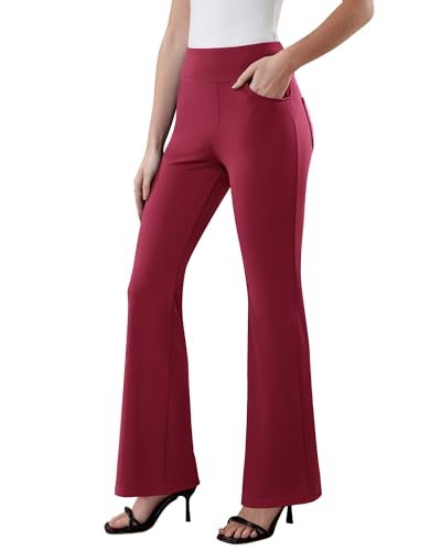 DLOODA Womens Dress Pants Stretchy Work Pants Business Casual Office Trousers Pull On Flare Slacks with 4 Pockets Wine
