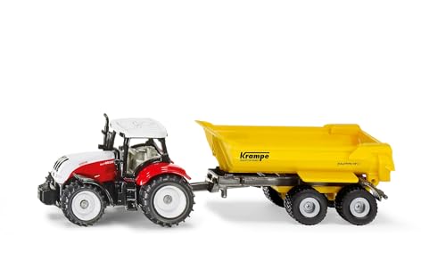 siku 1132 trattore steyr con ribaltabile krampe, cassone ribaltabile, cabina rimovibile, carrozzeria in metallo, rosso/bianco/giallo, giocattolo agricolo per bambini