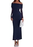 PRETTYGARDEN Fall Dresses for Women 2025 Elegant Off The Shoulder Long Sleeve Formal Wedding Guest Bodycon Maxi Dress(Navy,Small)