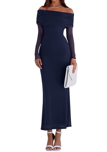 PRETTYGARDEN Fall Dresses for Women 2025 Elegant Off The Shoulder Long Sleeve Formal Wedding Guest Bodycon Maxi Dress(Navy,Small)