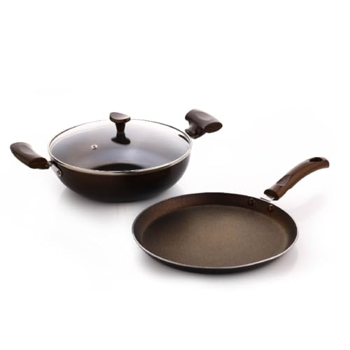 Image of Crystal Vivid Series Nonstick Cookware Set -3 Pcs | Tawa 250 mm + Kadai 240 mm + Glass Lid 240mm | Gas Stove Compatible