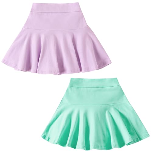 DREAM BUS 2 Pack Girl Pleated Skirts Built in Shorts Little Kid Tennis Skorts Toddler Girl Athletic Flowy Skorts Skirts Green/Purple