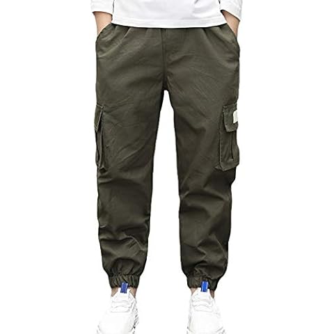 LAUSONS Boys Cargo Trousers for Kids Joggers Pants Elastic Waist Casual with Cuffed Bottom Army Green Size 170/11-12 Years Cover