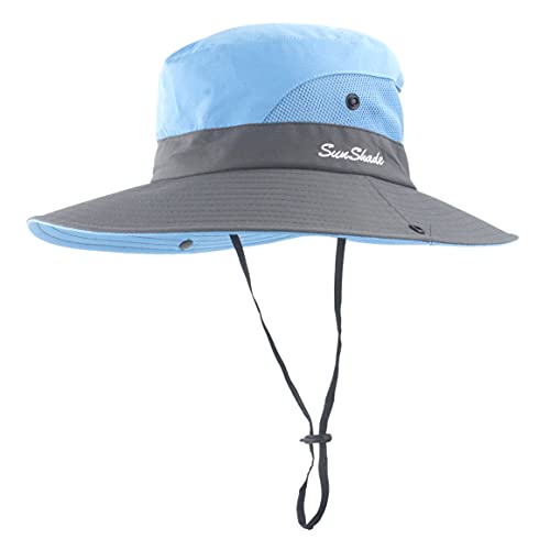Womens Summer Sun Hat Outdoor Uv Protection Foldable Wide Brim Bucket Ponytail Hats Beach Safari Fishing Cap Blue #TOP1