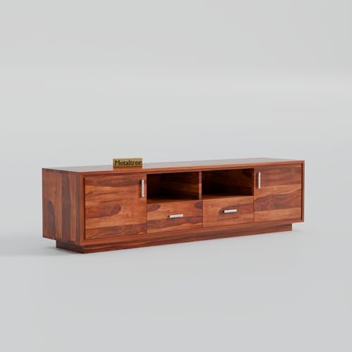 Image of Premium Solid Sheesham Wood TV Unit with 2 Drawers, 2 Shelves, and 2-Door Storage - Accommodates up to 65-Inch TV - Ideal for Living Room (Crimson, Honey Finish)