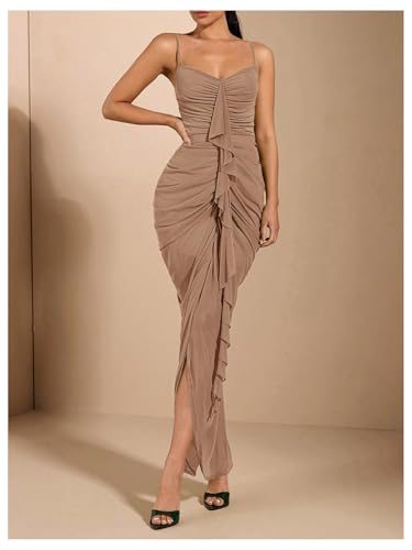 Image of Floerns Women's Ruffle Ruched Cami Dress Draped Split Elegant Bodycon Maxi Dresses