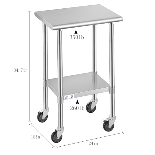 Image of ROCKPOINT Stainless Steel Table for Prep & Work with Caster Wheels 18x24 Inches, NSF Metal Commercial Kitchen Heavy Duty Table with Adjustable Under Shelf and Table Foot for Restaurant, Home and Hotel