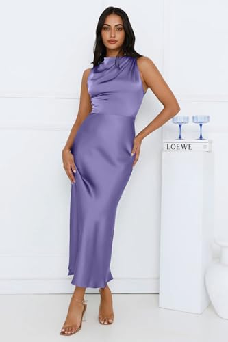 Image of Memoriesea Women's Sexy Sleeveless Cowl Neck Flowy A Line Party Cocktail Midi Dress Purple