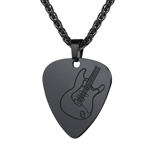 U7 Herren Männer Kette mit Plektron Anhänger Edelstahl Gitarre Deko Plektrum Halskette Schwarzkette Musik Pendant Necklace Kettenanhänger Hip Hop Personalisiert Modeschmuck für Jungen Musikliebhaber