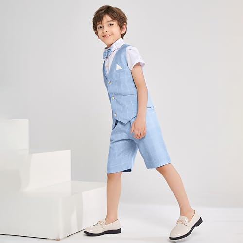Image of Summer Boys Suit Dress Clothes Kids Wedding Ring Bearer Outfit 4Pcs Shirt Vest Shorts Set