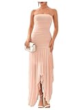 Floerns Tube Tops Dress for Women Asymmetrical Stretch Sexy Ruched Long Bodycon Cocktail Evening Wedding Guest Dress Pink X-Small