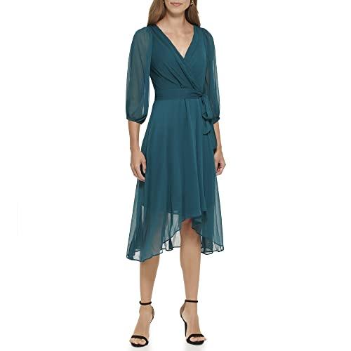 Image of DKNY Women's Chiffon Balloon Sleeve Faux Wrap Midi Dress with High-Low Hem