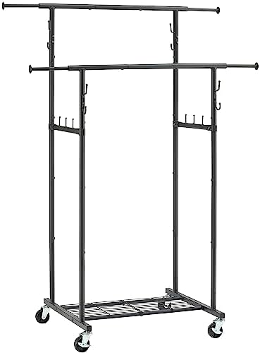 Gewudraw Double Rod Garment Rack, Heavy Duty Clothes Rack, Metal Garment Rack with Wheels, Clothes Rack with Shelves and Hooks, Clothing Garment Rack Closet Hanger for Hanging Clothes