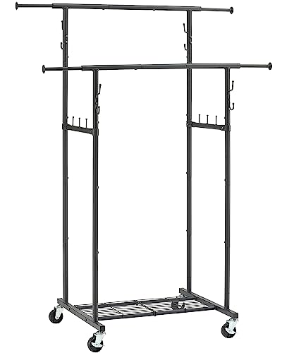 Gewudraw Double Rod Garment Rack, Heavy Duty Clothes Rack, Metal Garment Rack With Wheels, Clothes Rack With Shelves And Hooks, Clothing Garment Rack Closet Hanger For Hanging Clothes #TOP2