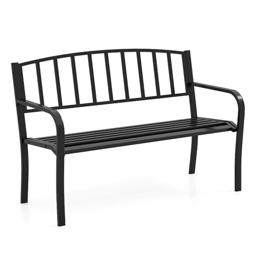 FANTASK Gartenbank Metall, 127 x 59 x 85,5 cm, Parkbank für 2-3 Personen, Gusseisenbank mit Rückenlehne und Armlehnen, Metallbank, Langlebig, Leicht zu reinigen, Schwarz