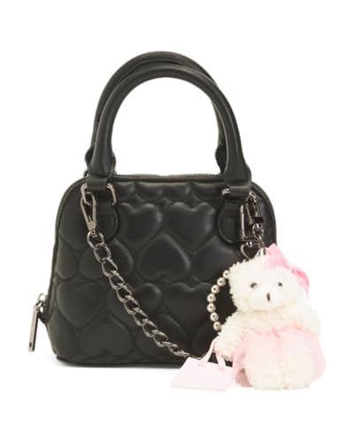Betsey Johnson Quilted Heart Crossbody Bag with Card Case and Bear Charm, Black, 8x6 Inch