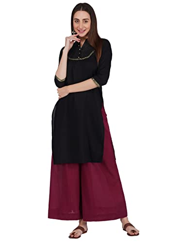 Image of fabcoast Loose Fit Palazzo Pants for Women A-Line Flared Wide Leg Summer Ethnic wear Pure Cotton Cambric with Full Elastic Waistband and 2 Side Pockets