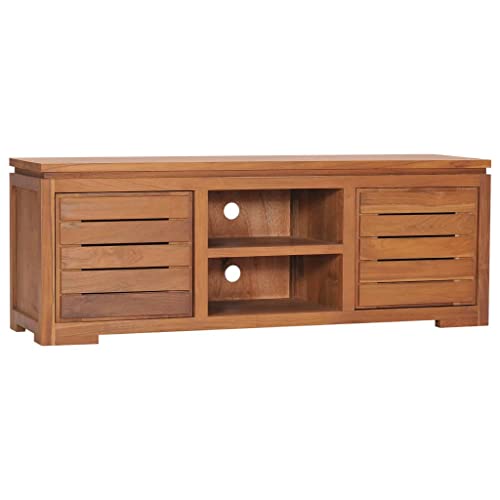 Favemtsl Meuble TV 110 x 30 x 40 cm en teck massif couleur teck - Meuble bas colonial avec 2 portes et étagère - Table TV robuste pour salon et chambre à...