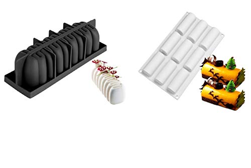 RLBSL Lot de 2 Moules silicone bûche de noël ondulée + 1 moule 9 bûchettes ou insert