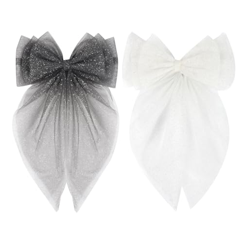Image of Radhu & Kabby Hair Bows For Women | Anti-Hair Fall Hairclips | Girls Net Tail Hairbow | Clips Hair Accessories | Pack of 2 | Hand made Net Bows | Black & White Colour