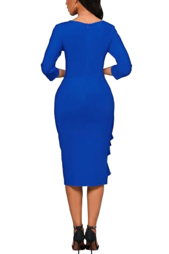 Image of Church Dresses for Women 3 /4 Sleeve Ruffle Vintage Bodycon Cocktail Work Midi Pencil Dress