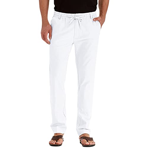 Men's Linen Pants Elastic Waist Drawstring Casual Summer Beach Loose Trousers