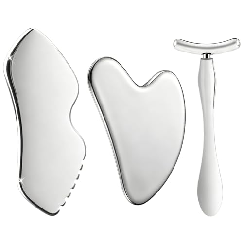 Gua Sha Tool Stainless Steel Gua Sha Tool for Face 3-Pack Scraping Massage Stone Tool with Storage Bag Facial Scraper for Face Neck Eye Body Skin Care(C)