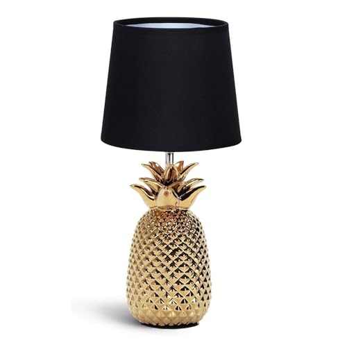 Aigostar 197193 - Lámpara de Cerámica, casquillo E14. Forma de piña, Dorado. Lámpara de Mesa o Mesita de Noche, Pantalla de Tela, Lámpara Escritorio Diseño moderno para Dormitorio, Estudio, Salón etc