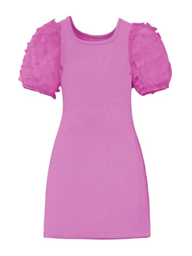 SOLY HUX Girl's Appliques Mesh Puff Short Sleeve Bodycon Pencil Midi Dresses