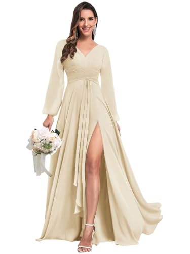 TORYEMY Chiffon Bridesmaid Dresses with Sleeves Long V Neck Ruffle Formal Evening Dresses for Wedding