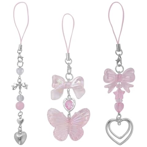 AGEN KGEN Cute Y2K Phone Charm Aesthetic Keychain Accessories Phone Lanyard String for Bag Purse Backpack Wallet Airpods Pendants Decor for Women (3x Pink Butterfly Heart) Cover