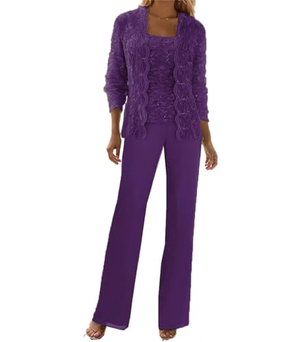 Purple Pants Suits for Women Dressy Plus Size 3 Pieces Lace Chiffon Mother of The Bride Pant Suits for Wedding with Jacket 20