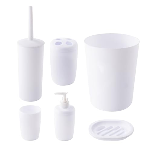 The Cleaning Expert 6 Piece Bathroom Accessory Set - Modern Bathroom Set with Bin, Soap Dispenser, Soap Dish, Tumbler, Toilet Brush Holder & Toothbrush Holder - Grey or White (White)